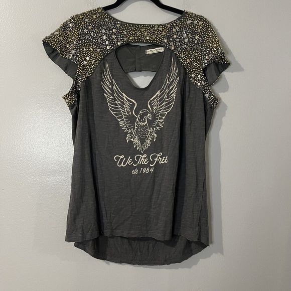 WE THE FREE Jeweled Shirt Women’s Large Gray Studded Eagle Grunge Casual Biker - Picture 1 of 10